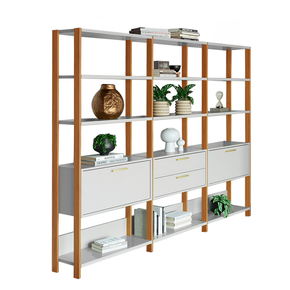 Estante Helen 100% MDF 2 Portas 2 Gavetas Off White e Freijó