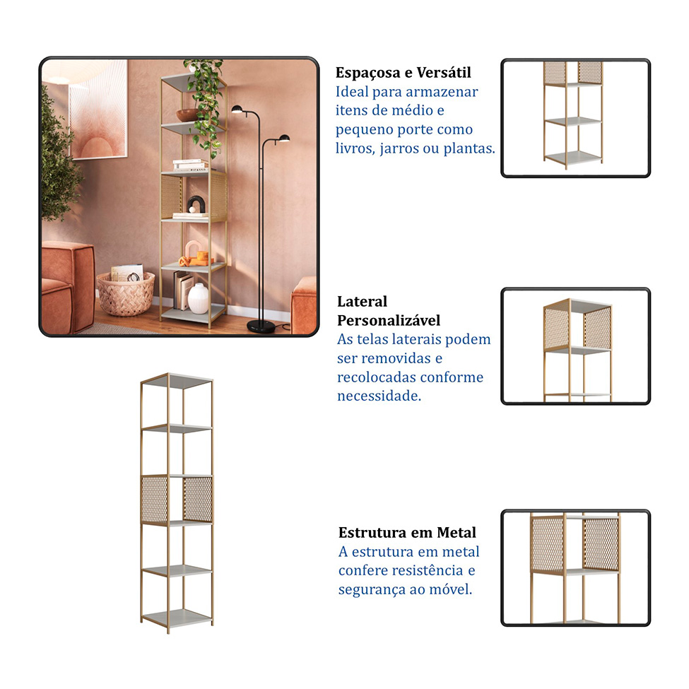 Estante Industrial Grille Arenas e Dourado 180 cm