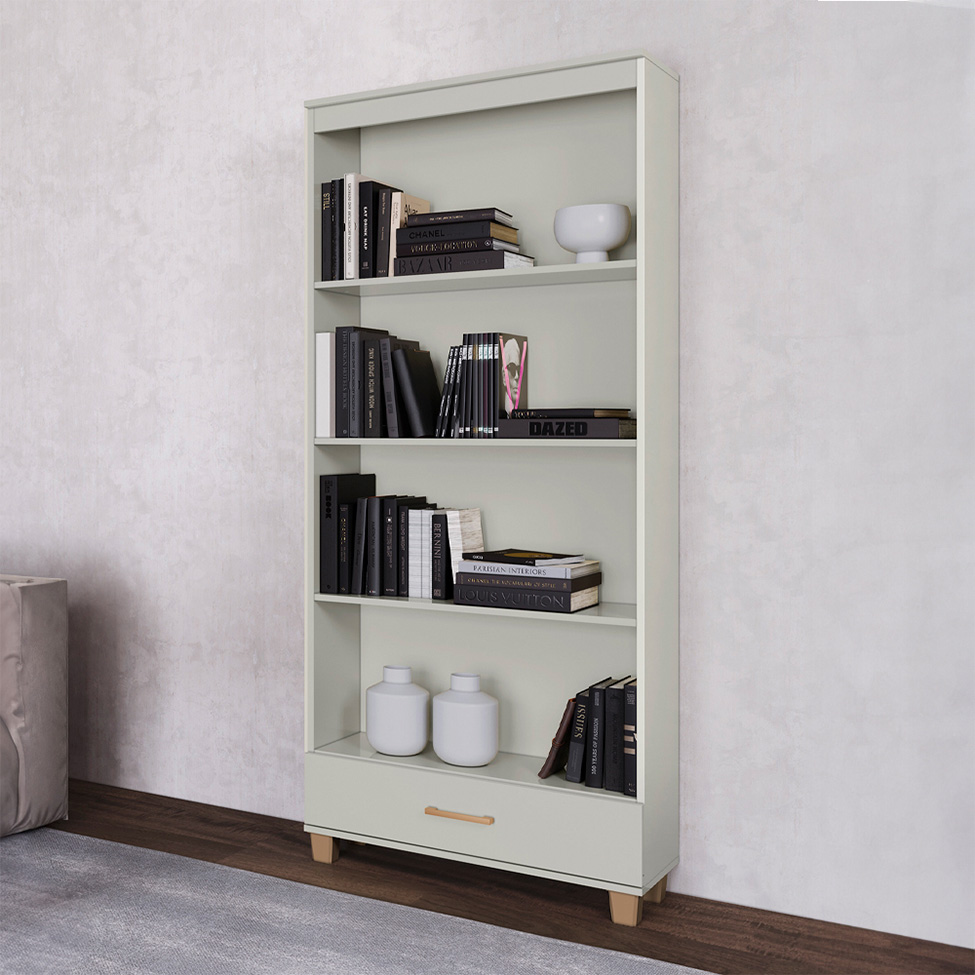 Estante Lívia 100% MDF 1 Gaveta Off White e Dourada
