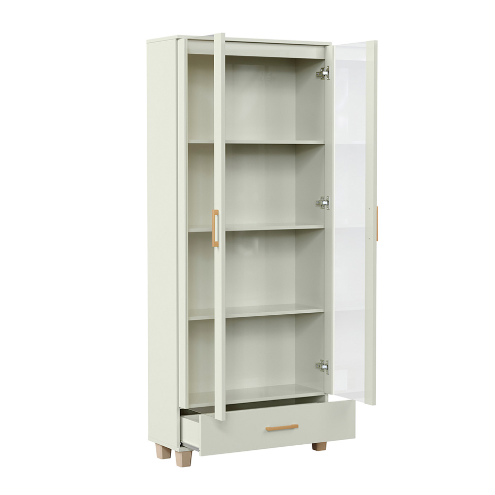 Estante Lívia com Vidro 2 Portas 1 Gaveta Off White e Dourada