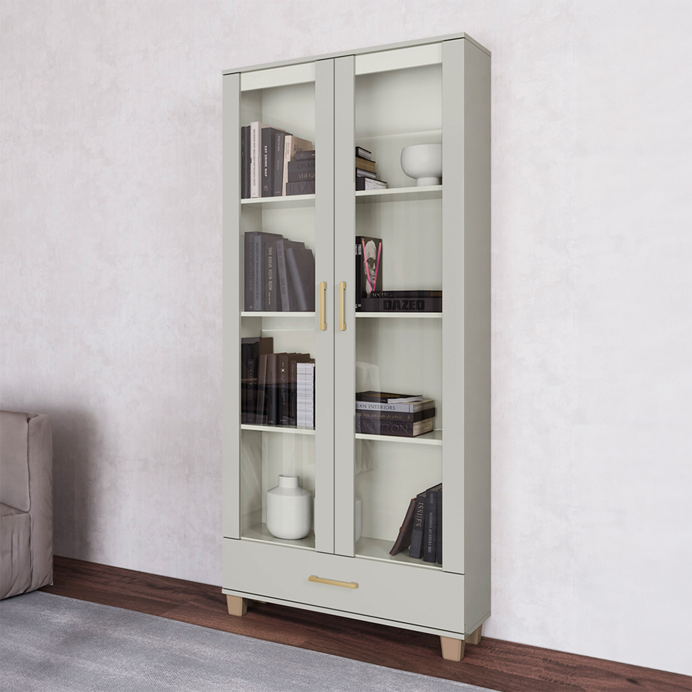 Estante Lívia com Vidro 2 Portas 1 Gaveta Off White e Dourada