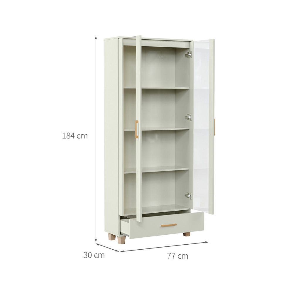 Estante Lívia com Vidro 2 Portas 1 Gaveta Off White e Dourada