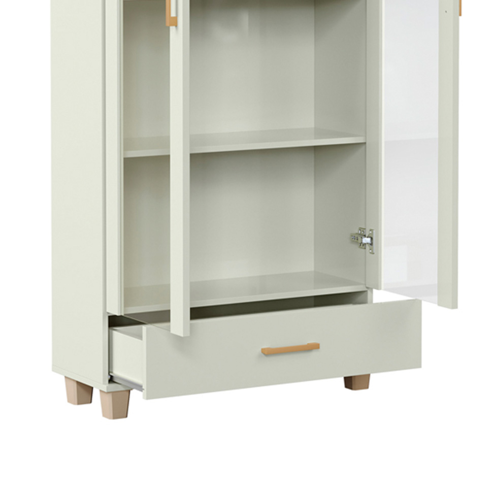 Estante Lívia com Vidro 2 Portas 1 Gaveta Off White e Dourada
