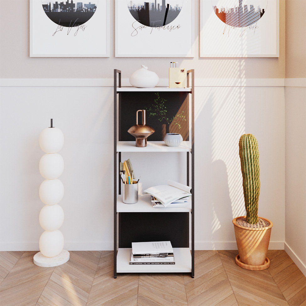 Estante com 2 Prateleiras e 2 Nichos Brooklyn Branca e Preta 45 cm