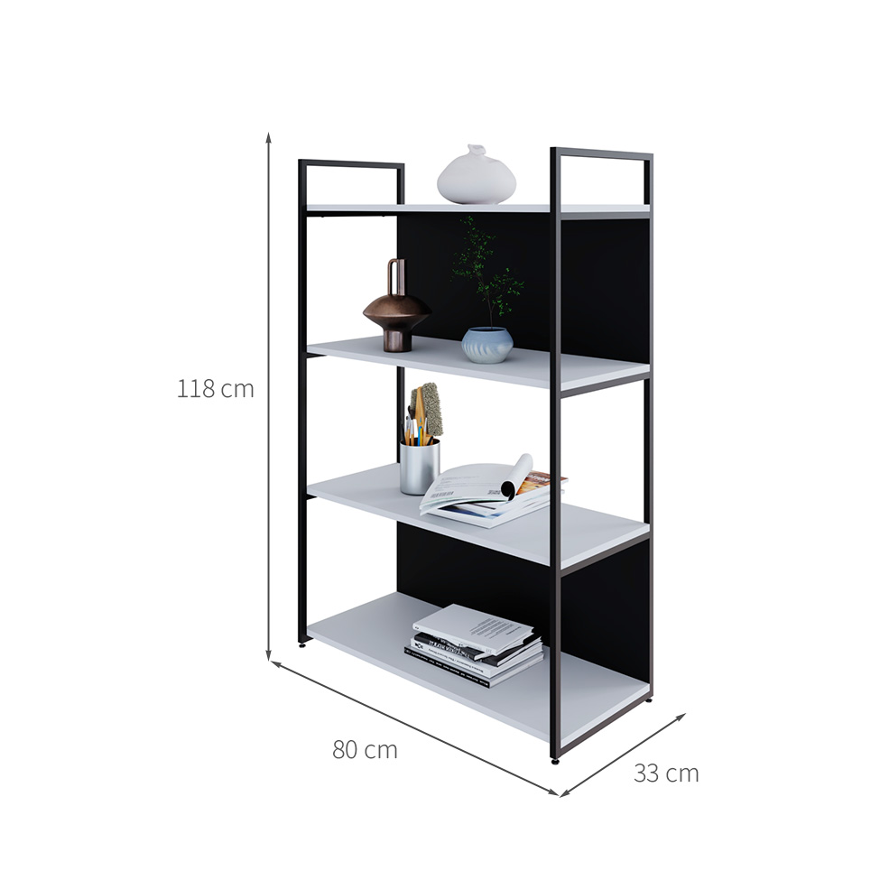 Estante com 2 Prateleiras e 2 Nichos Brooklyn Branca e Preta 80 cm