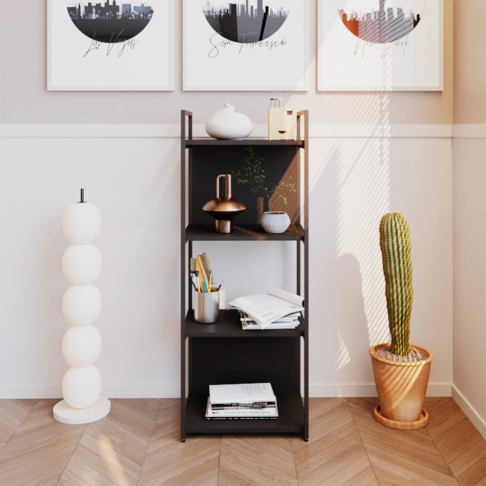 Estante com 2 Prateleiras e 2 Nichos Brooklyn Preta 45 cm