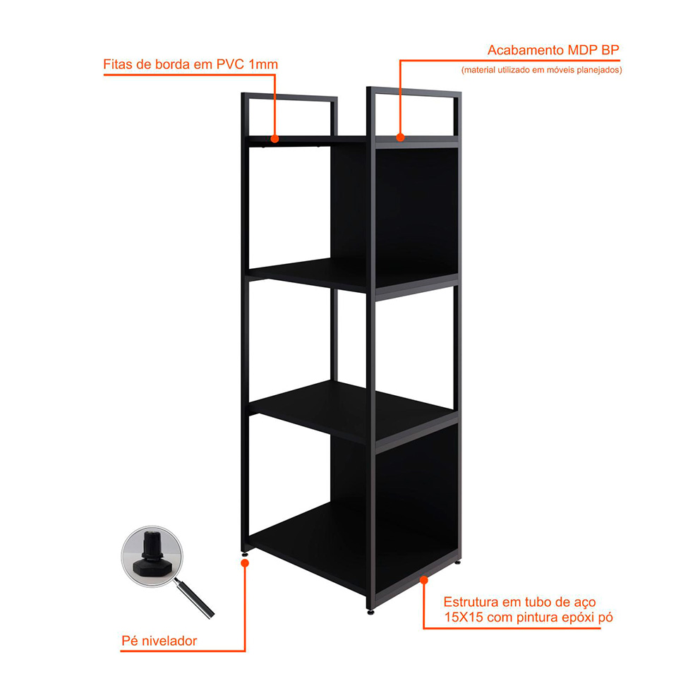 Estante com 2 Prateleiras e 2 Nichos Brooklyn Preta 45 cm