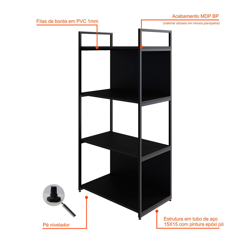 Estante com 2 Prateleiras e 2 Nichos Brooklyn Preta 60 cm