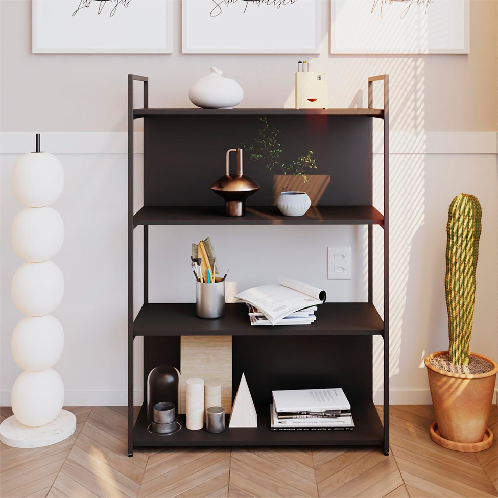 Estante com 2 Prateleiras e 2 Nichos Brooklyn Preta 80 cm