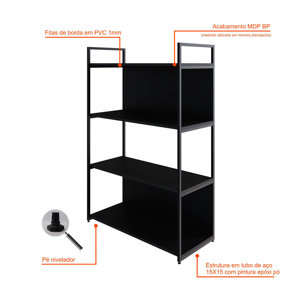 Estante com 2 Prateleiras e 2 Nichos Brooklyn Preta 80 cm