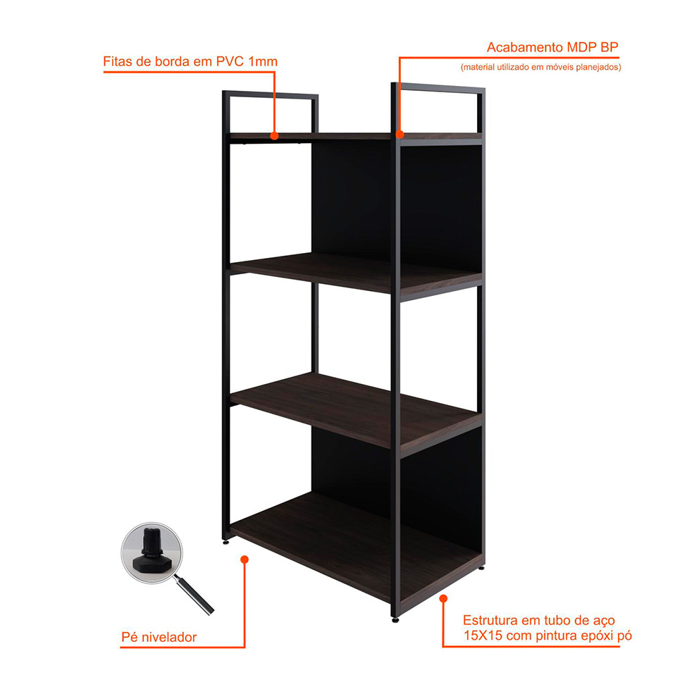 Estante com 2 Prateleiras e 2 Nichos Brooklyn Terracota e Preta 60 cm