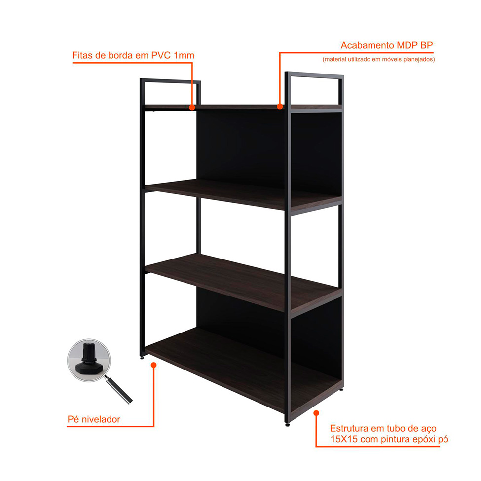 Estante com 2 Prateleiras e 2 Nichos Brooklyn Terracota e Preta 80 cm