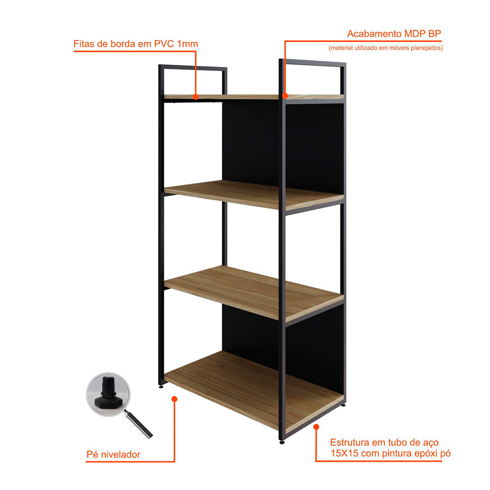 Estante com 2 Prateleiras e 2 Nichos Brooklyn Vermont e Preta 60 cm