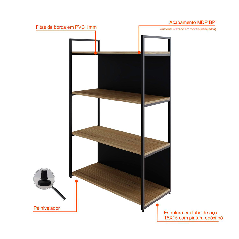 Estante com 2 Prateleiras e 2 Nichos Brooklyn Vermont e Preta 80 cm