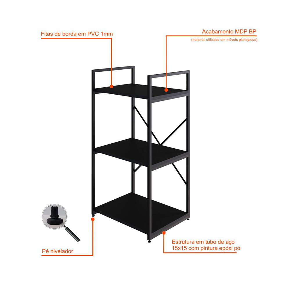 Estante com 3 Prateleiras Brooklyn Preta 45 cm