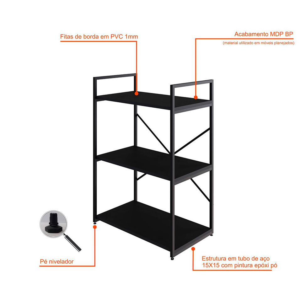 Estante com 3 Prateleiras Brooklyn Preta 60 cm