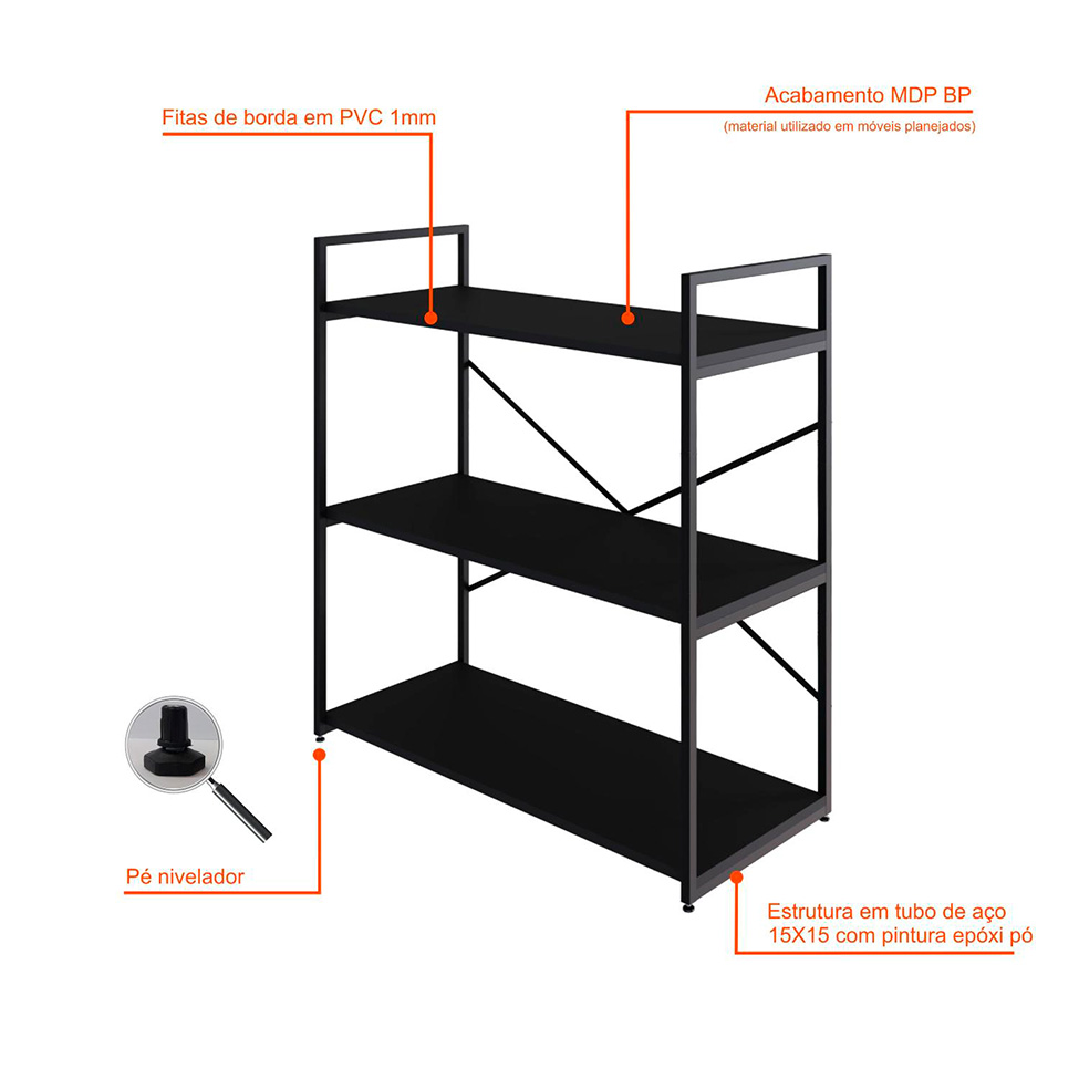 Estante com 3 Prateleiras Brooklyn Preta 80 cm