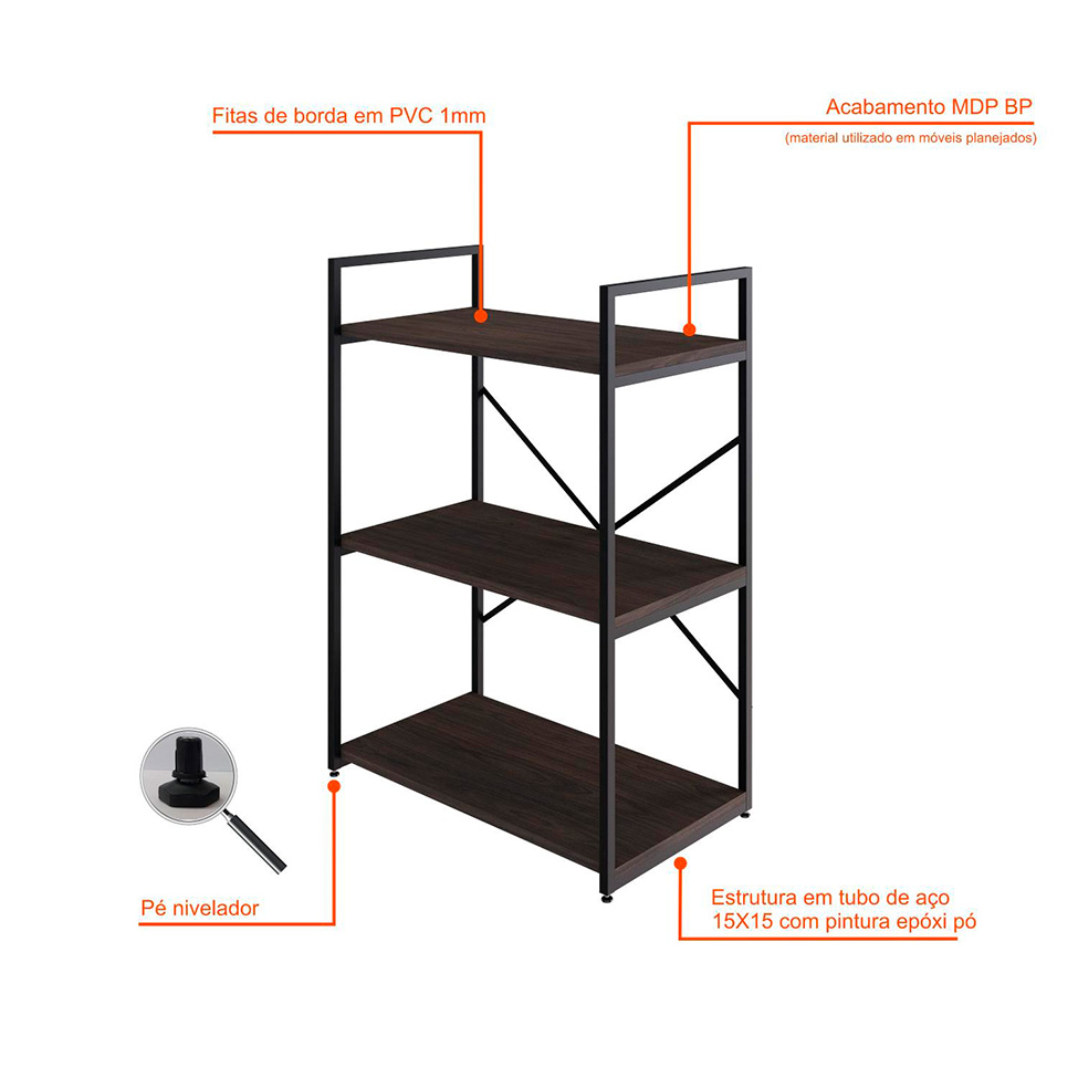Estante com 3 Prateleiras Brooklyn Terracota e Preta 60 cm