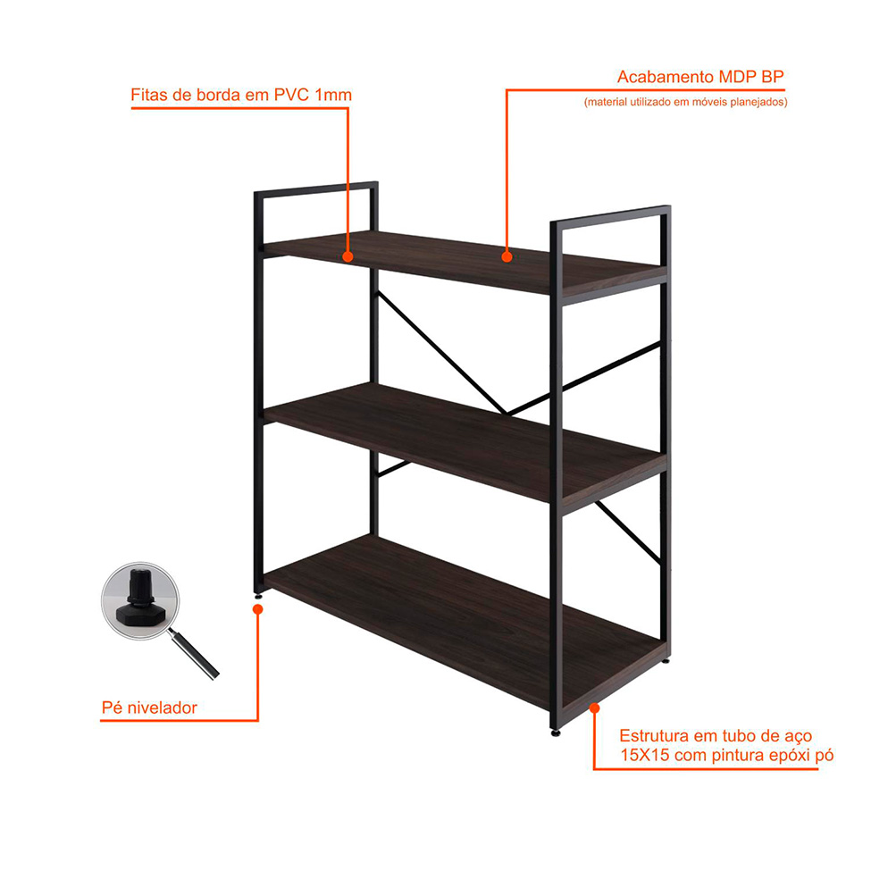 Estante com 3 Prateleiras Brooklyn Terracota e Preta 80 cm