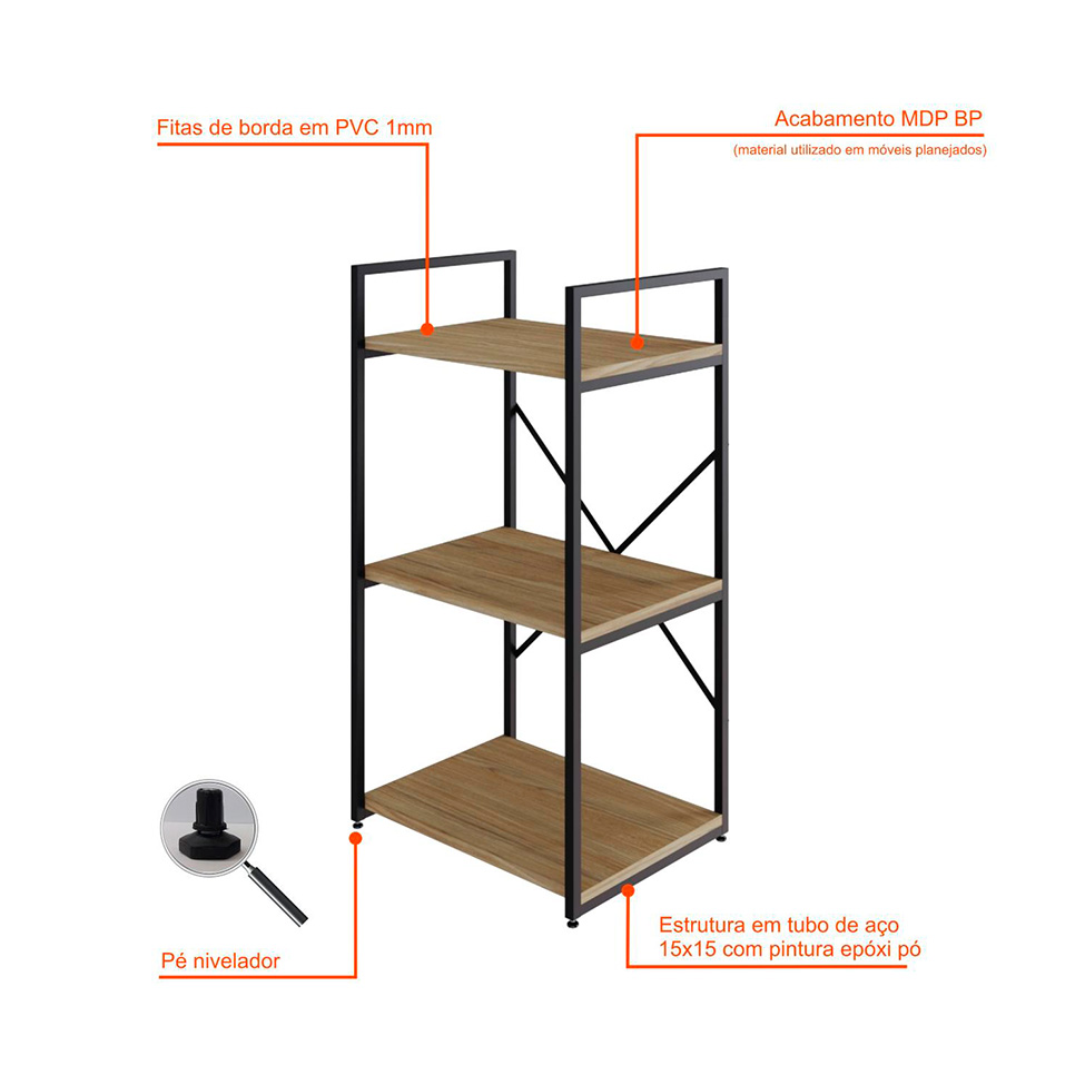 Estante com 3 Prateleiras Brooklyn Vermont e Preta 45 cm