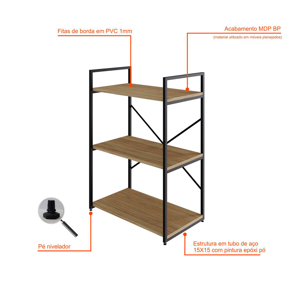 Estante com 3 Prateleiras Brooklyn Vermont e Preta 60 cm