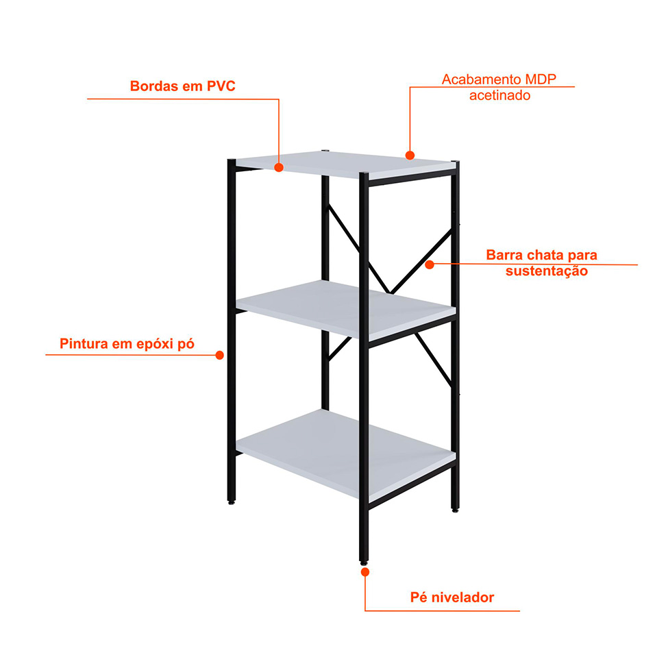 Estante com 3 Prateleiras Tub Branca e Preta 45 cm