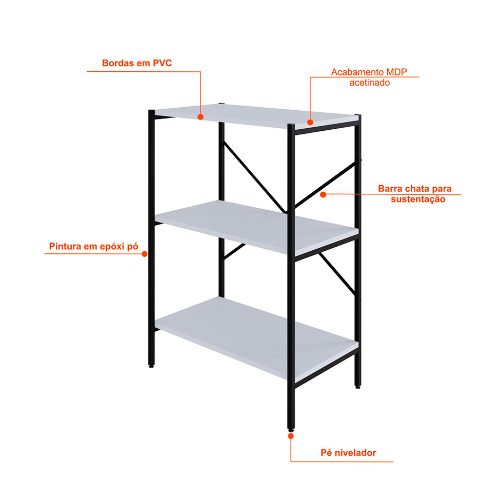 Estante com 3 Prateleiras Tub Branca e Preta 60 cm