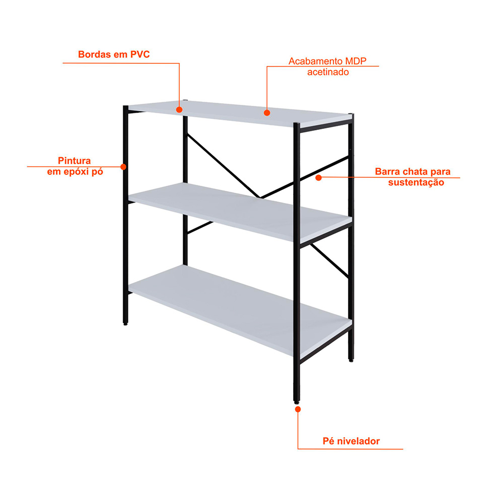 Estante com 3 Prateleiras Tub Branca e Preta 80 cm