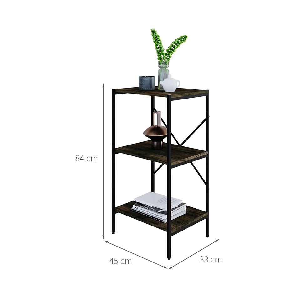 Estante com 3 Prateleiras Tub Carvalho Dark e Preta 45 cm