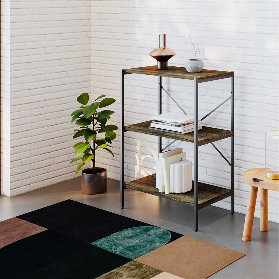Estante com 3 Prateleiras Tub Carvalho Dark e Preta 60 cm