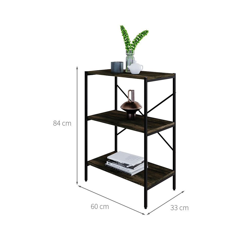 Estante com 3 Prateleiras Tub Carvalho Dark e Preta 60 cm