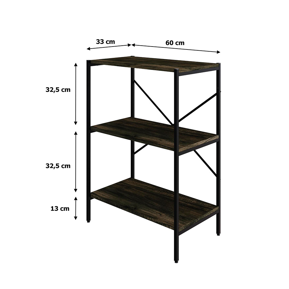 Estante com 3 Prateleiras Tub Carvalho Dark e Preta 60 cm