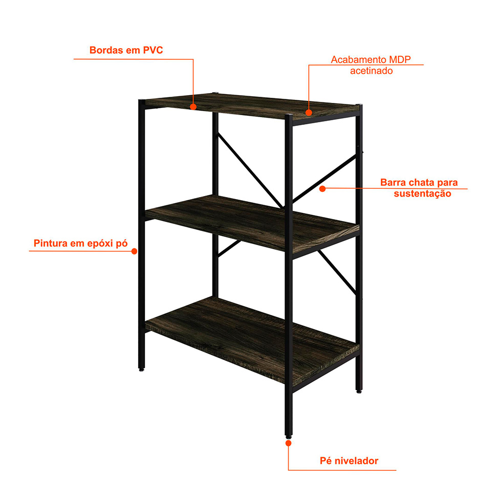 Estante com 3 Prateleiras Tub Carvalho Dark e Preta 60 cm