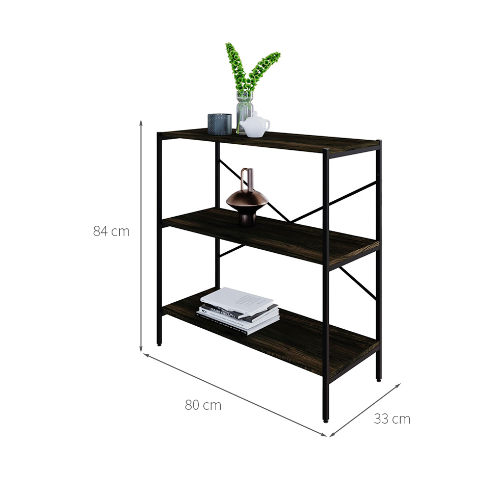 Estante com 3 Prateleiras Tub Carvalho Dark e Preta 80 cm