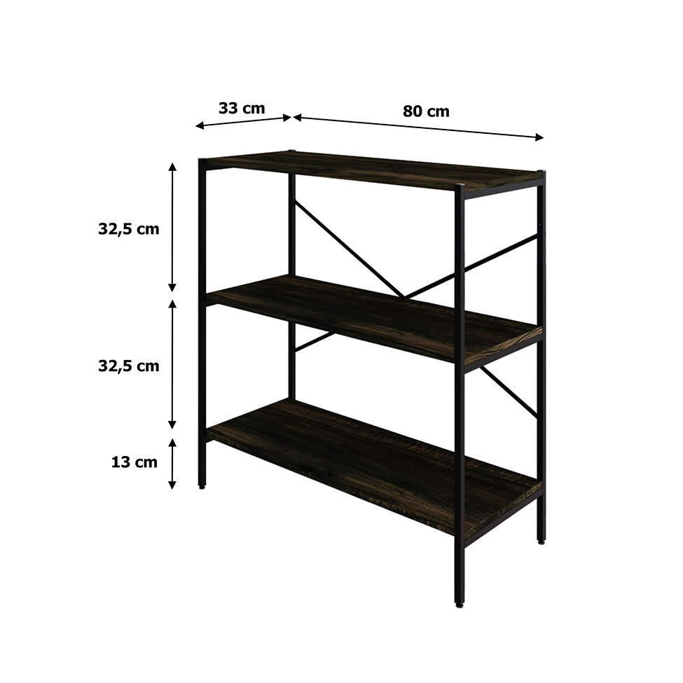 Estante com 3 Prateleiras Tub Carvalho Dark e Preta 80 cm