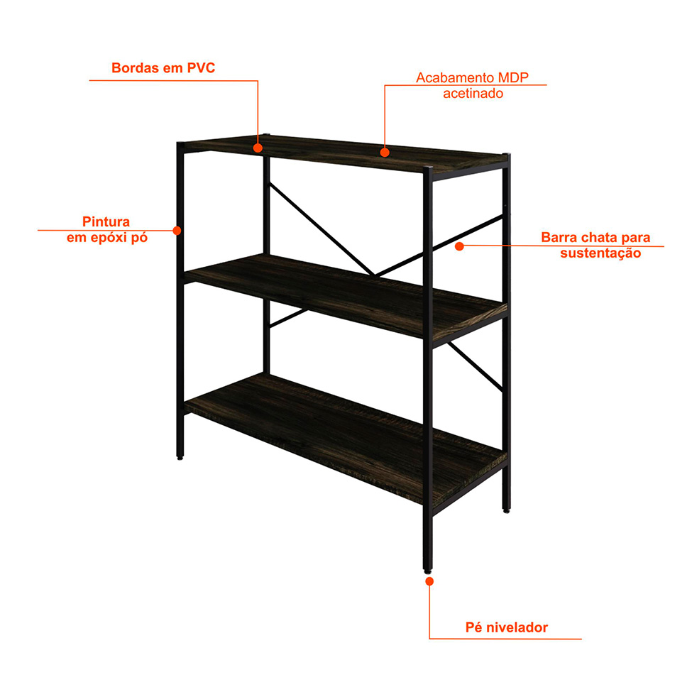 Estante com 3 Prateleiras Tub Carvalho Dark e Preta 80 cm