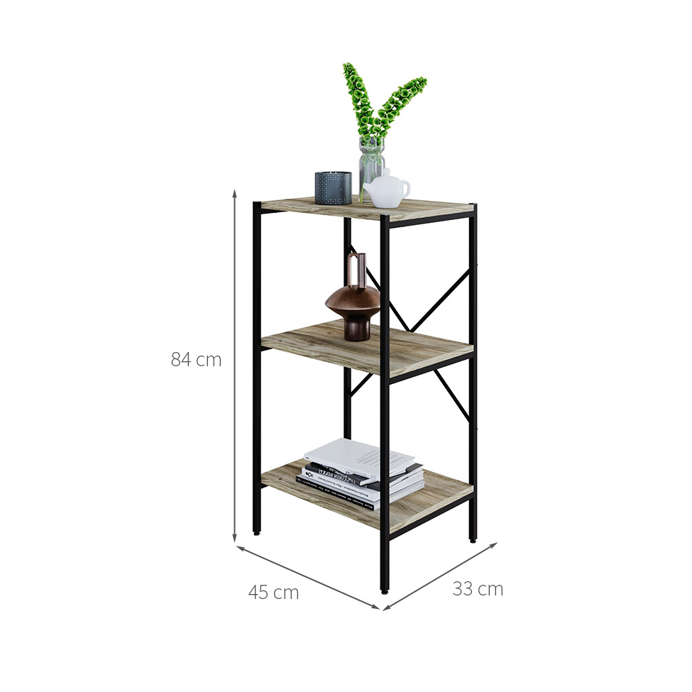 Estante com 3 Prateleiras Tub Carvalho e Preta 45 cm