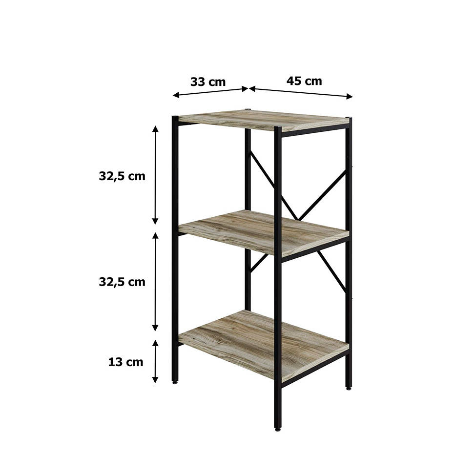 Estante com 3 Prateleiras Tub Carvalho e Preta 45 cm