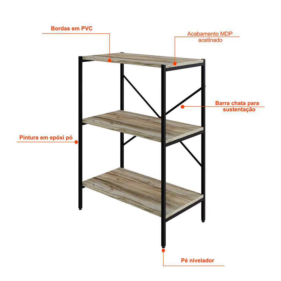 Estante com 3 Prateleiras Tub Carvalho e Preta 60 cm