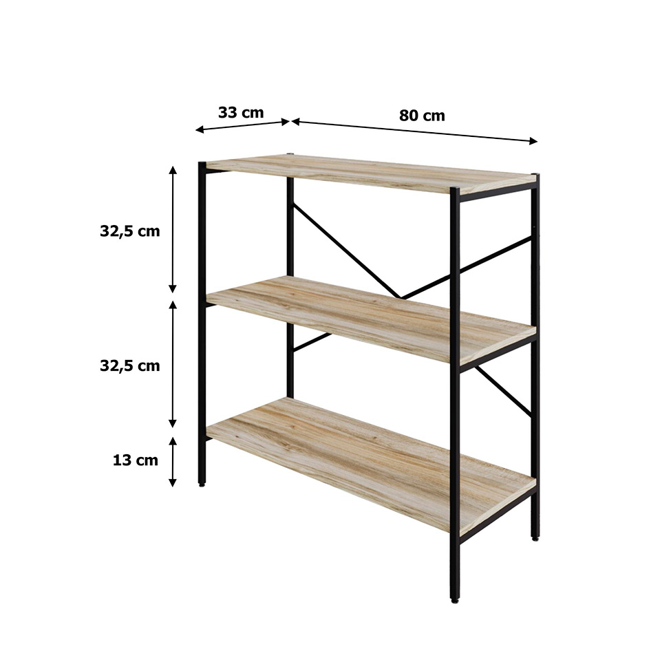 Estante com 3 Prateleiras Tub Carvalho e Preta 80 cm