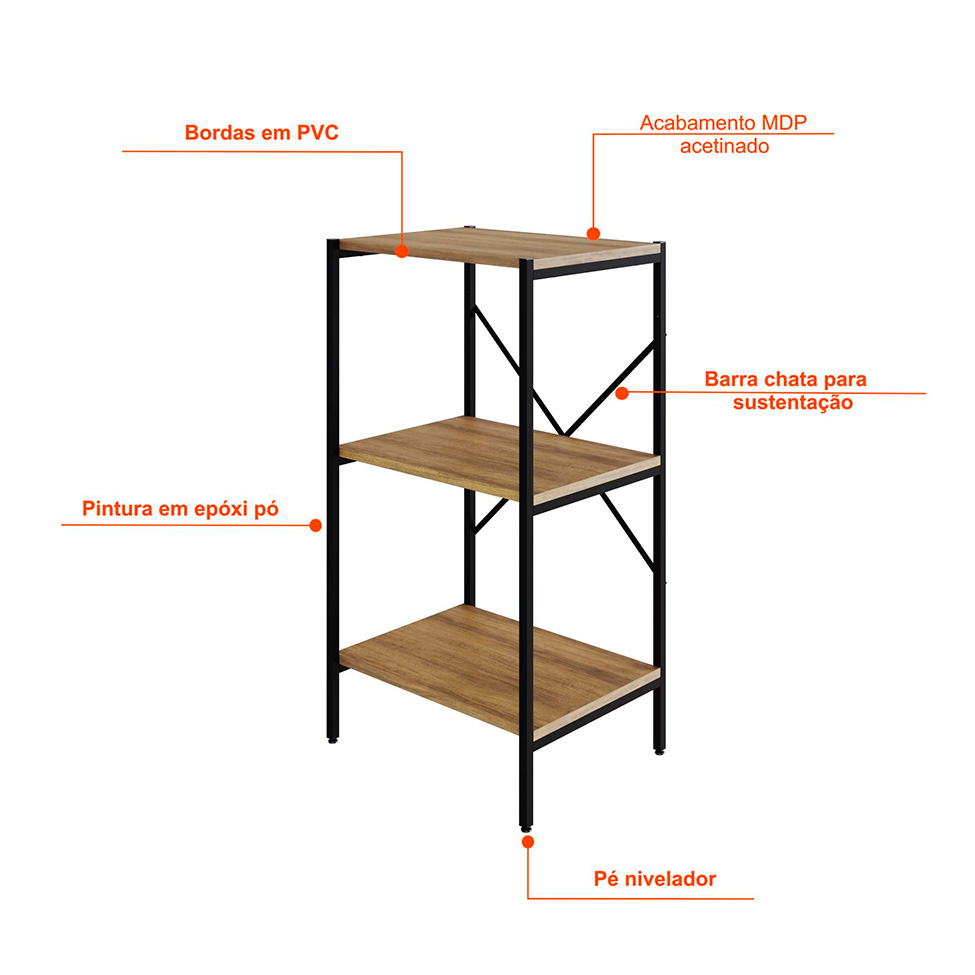 Estante com 3 Prateleiras Tub Mel e Preta 45 cm