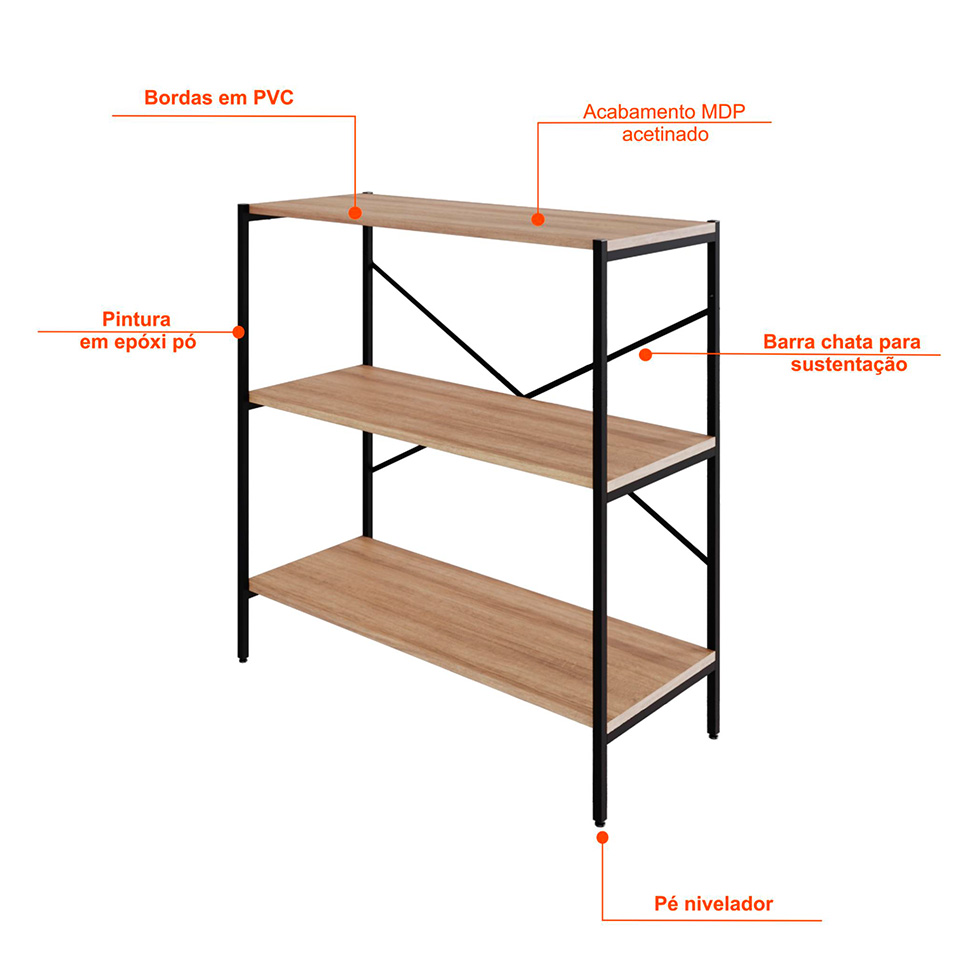 Estante com 3 Prateleiras Tub Mel e Preta 80 cm