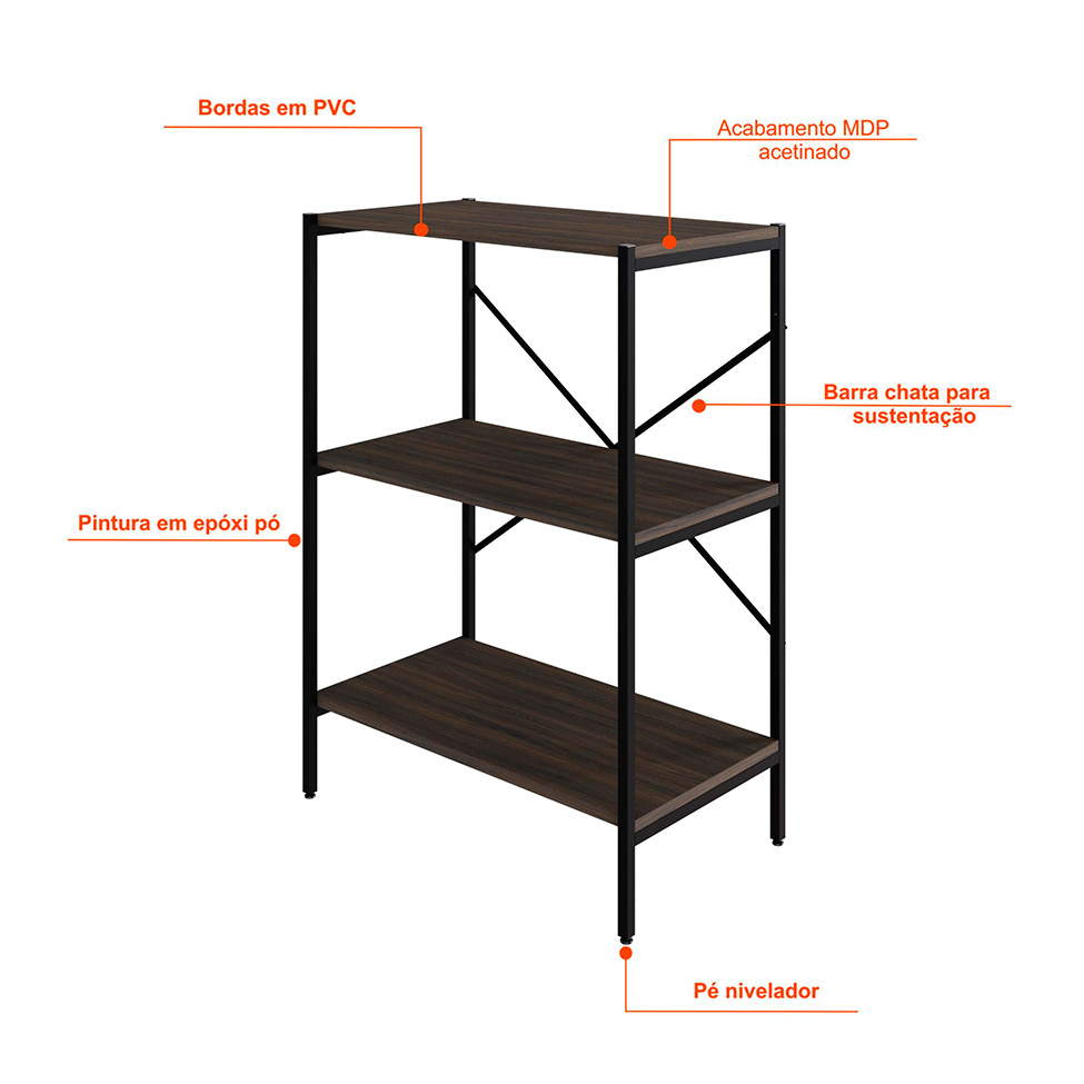 Estante com 3 Prateleiras Tub Nogal e Preta 60 cm