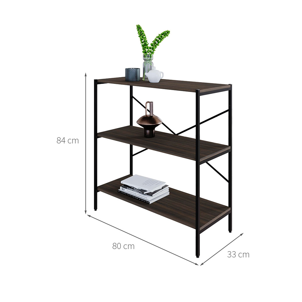 Estante com 3 Prateleiras Tub Nogal e Preta 80 cm