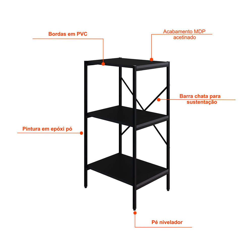 Estante com 3 Prateleiras Tub Preta 45 cm