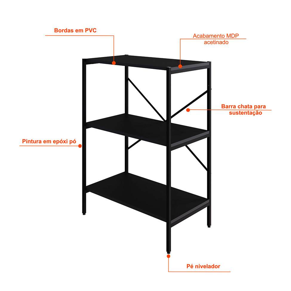 Estante com 3 Prateleiras Tub Preta 60 cm