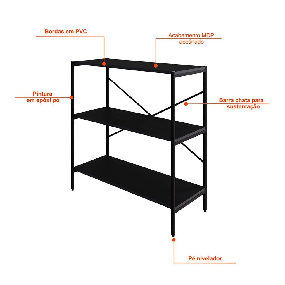 Estante com 3 Prateleiras Tub Preta 80 cm