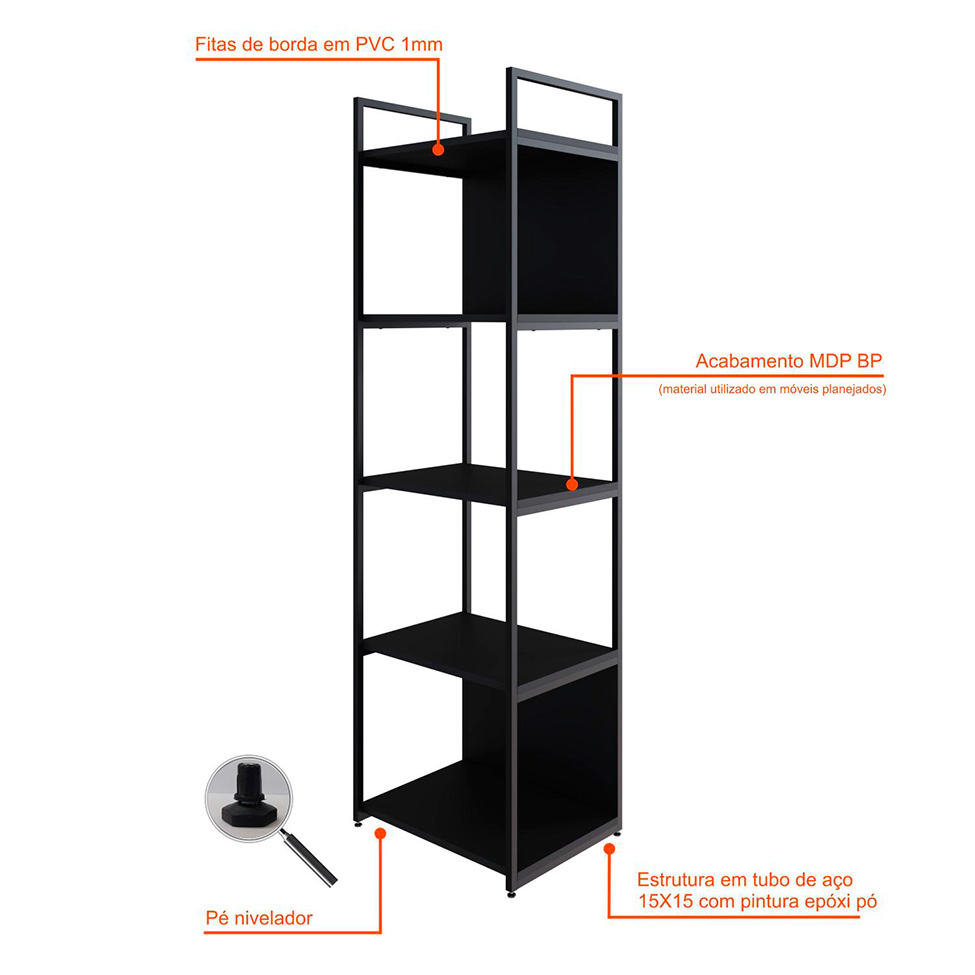 Estante com 3 Prateleiras e 2 Nichos Brooklyn Preta 45 cm