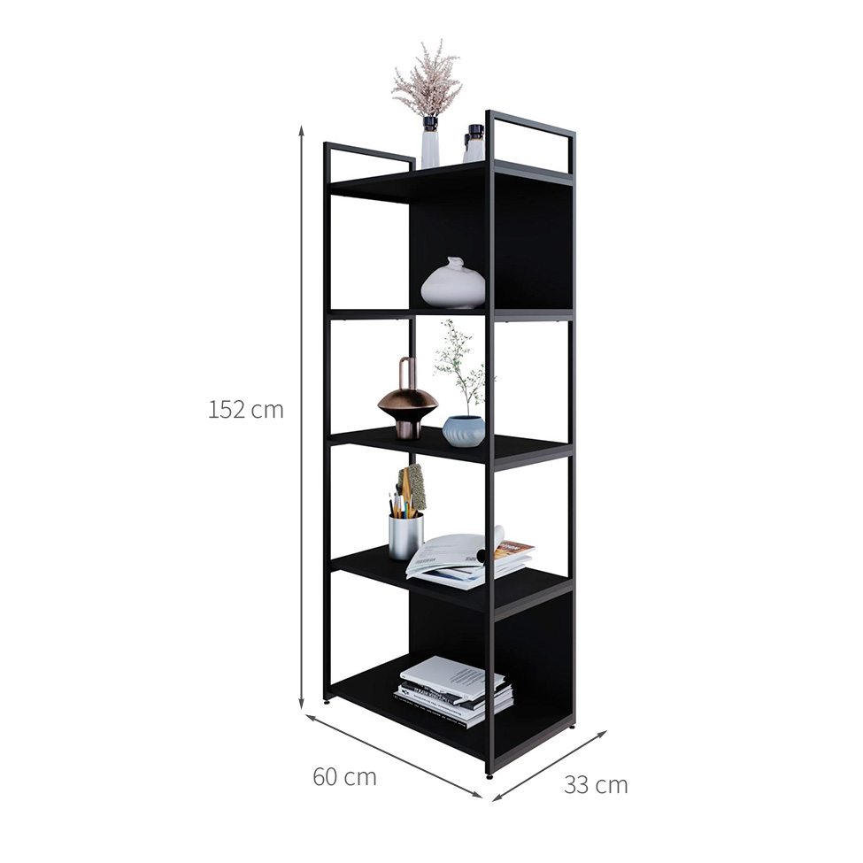 Estante com 3 Prateleiras e 2 Nichos Brooklyn Preta 60 cm