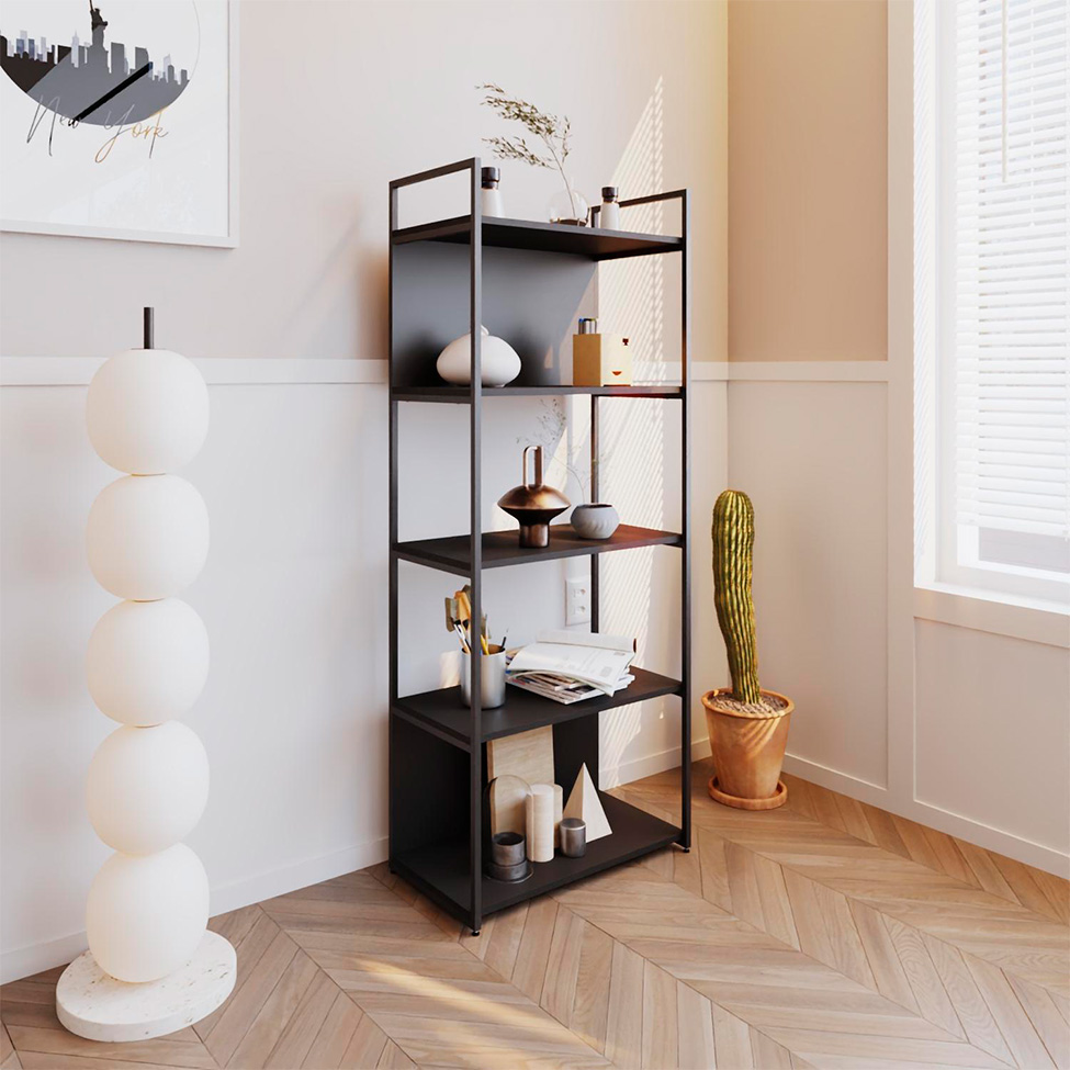Estante com 3 Prateleiras e 2 Nichos Brooklyn Preta 60 cm